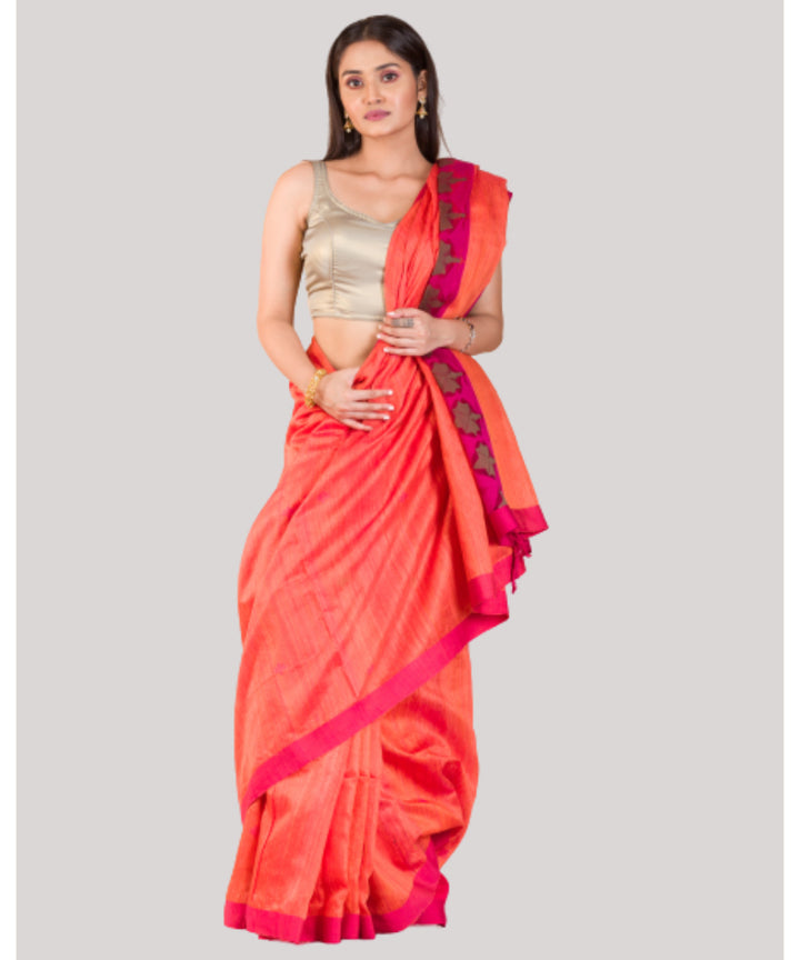 Orange pink handwoven bengal matka silk saree