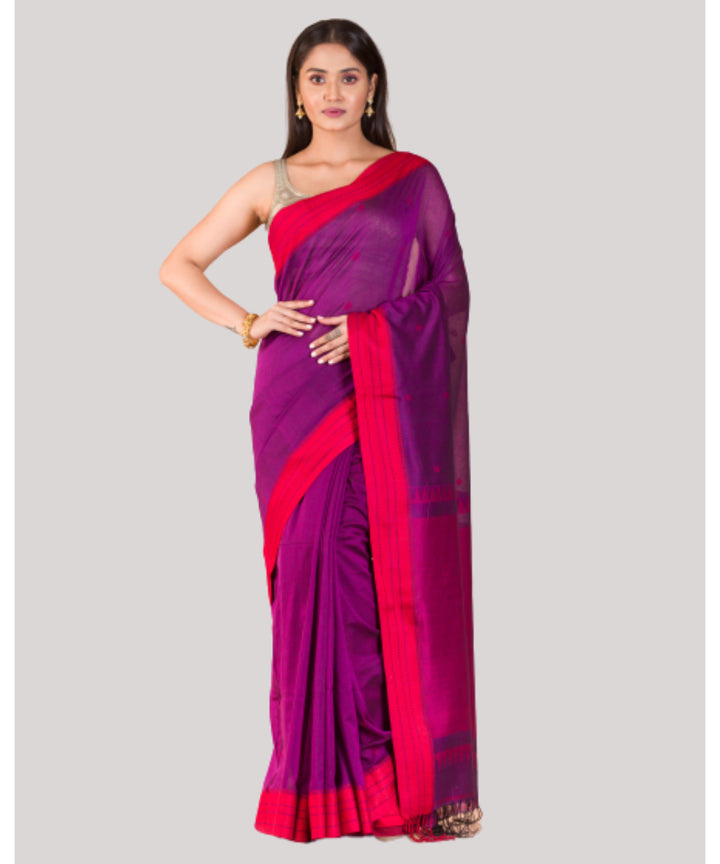 Purple and red handwoven bengal cotton jamdani saree