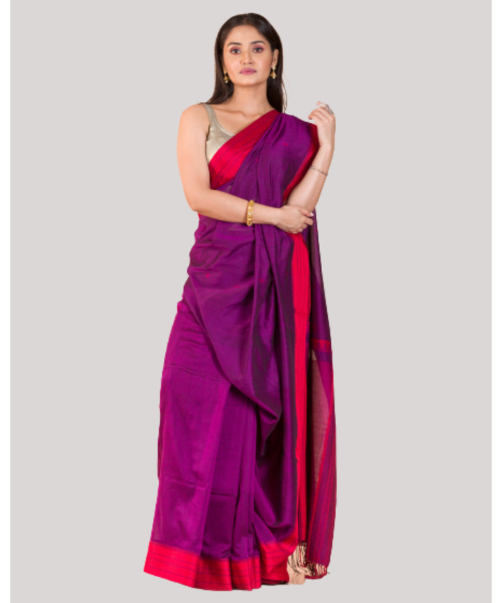 Purple and red handwoven bengal cotton jamdani saree