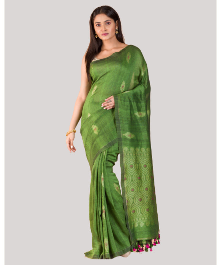 Light green silver handwoven bengal cotton linen saree