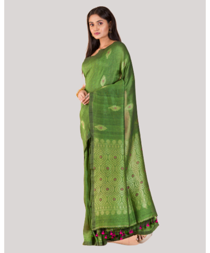 Light green silver handwoven bengal cotton linen saree