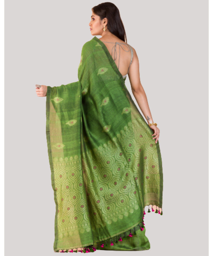Light green silver handwoven bengal cotton linen saree