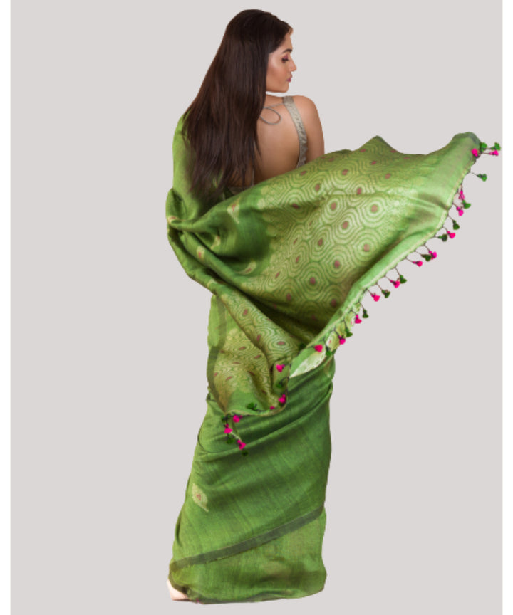 Light green silver handwoven bengal cotton linen saree