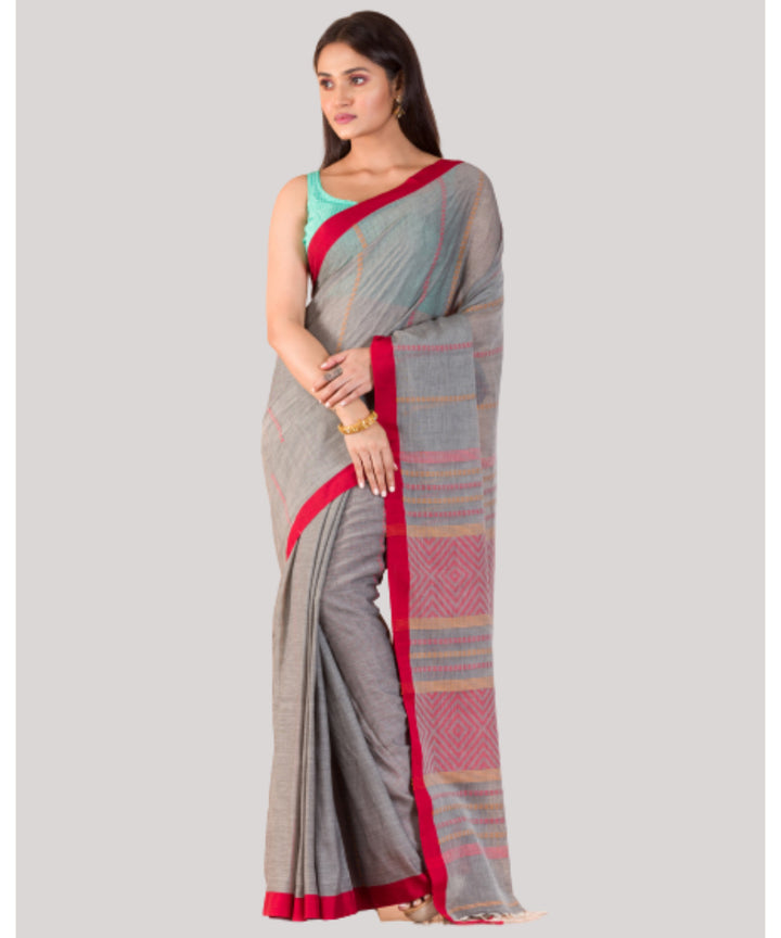 Grey red handwoven bengal cotton saree