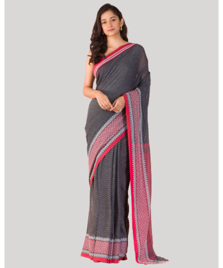 Grey red handloom bengal cotton saree