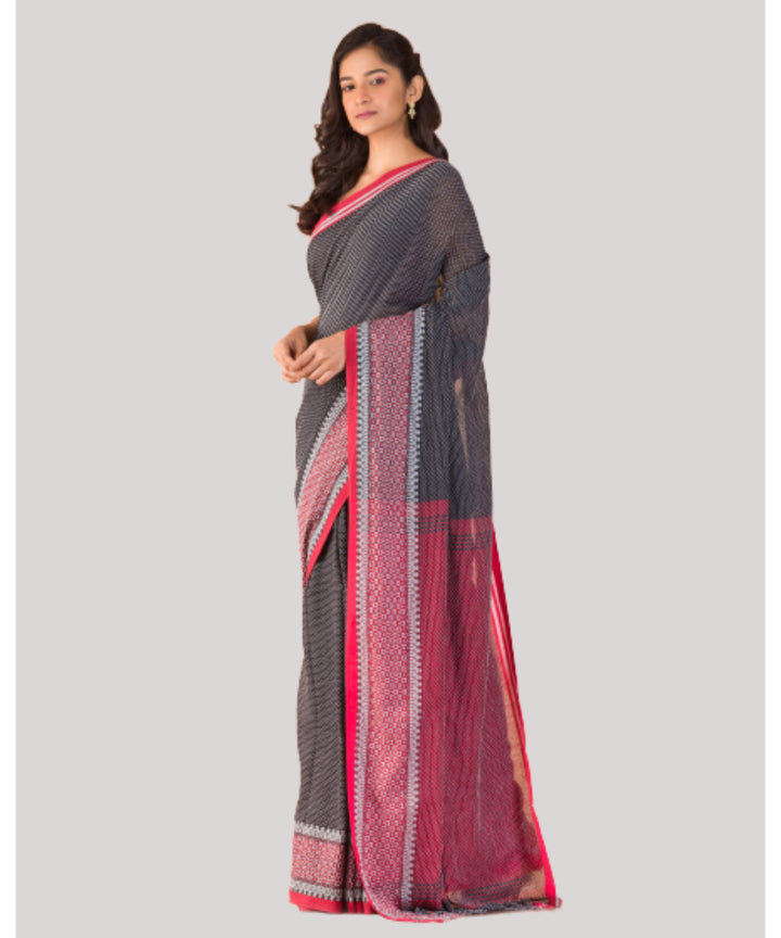 Grey red handloom bengal cotton saree