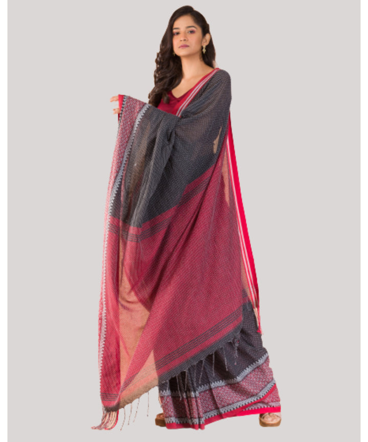 Grey red handloom bengal cotton saree
