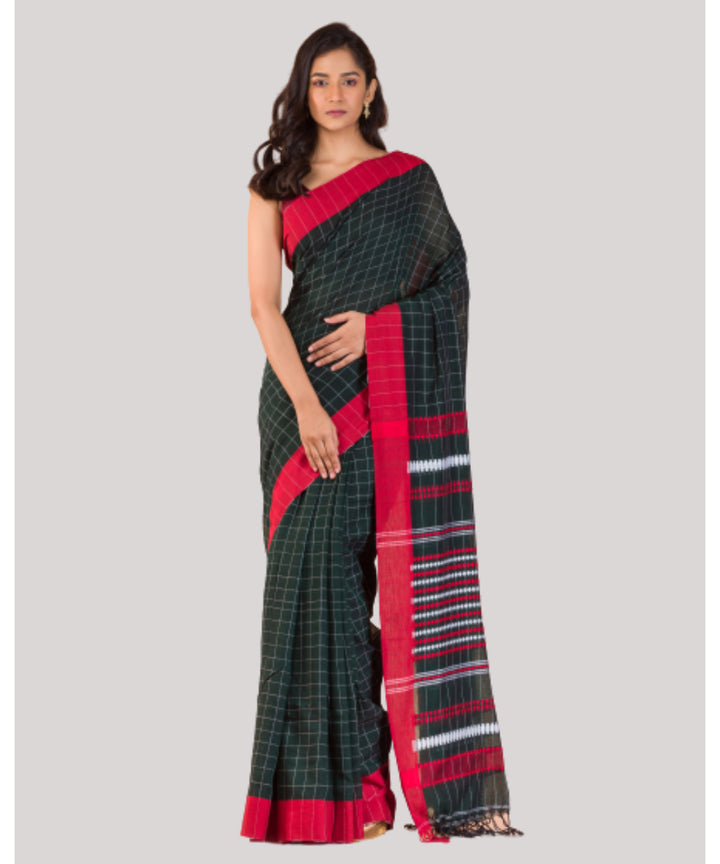 Dark green and red handwoven bengal cotton saree