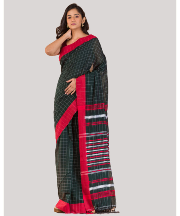 Dark green and red handwoven bengal cotton saree