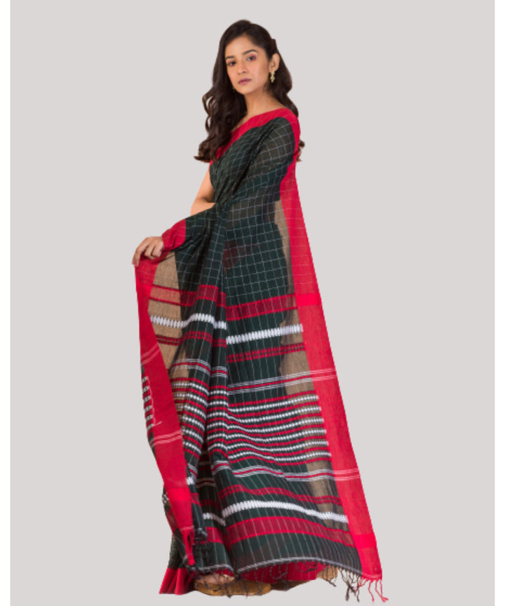 Dark green and red handwoven bengal cotton saree
