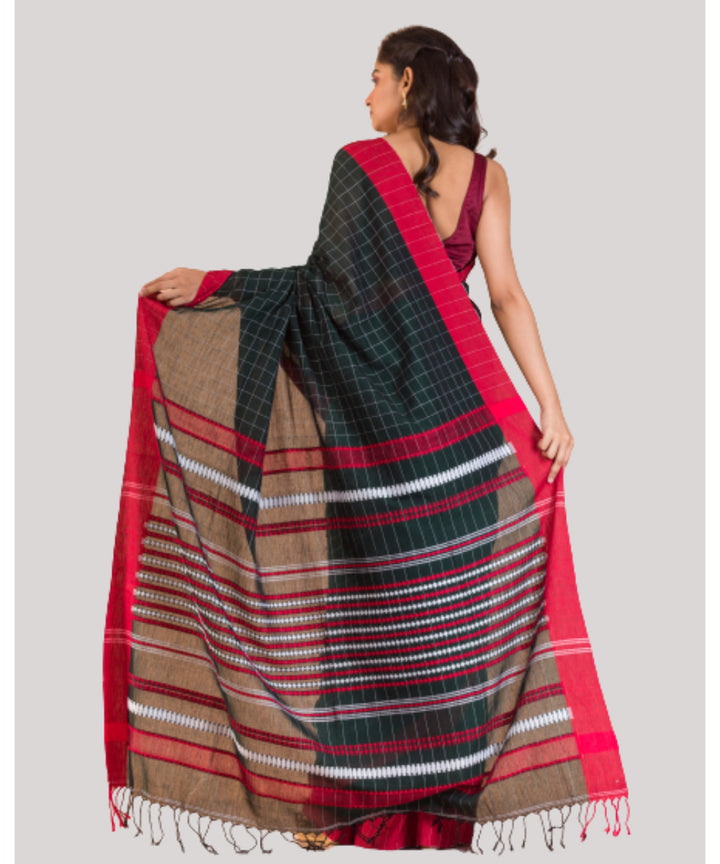 Dark green and red handwoven bengal cotton saree