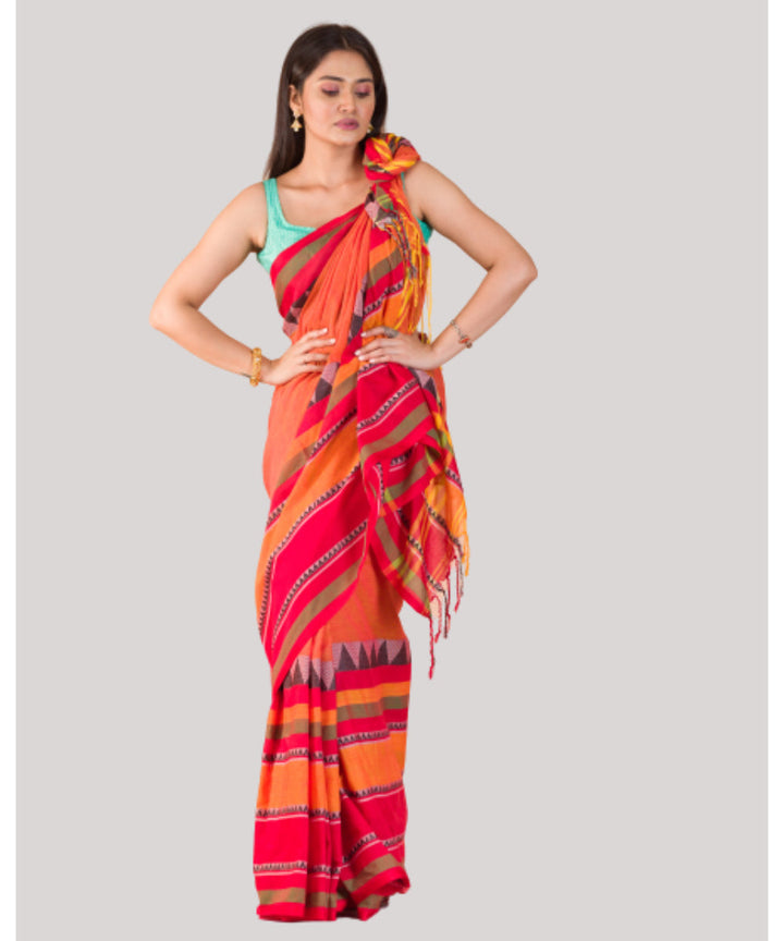 Orange and red handwoven bengal cotton begumpuri saree