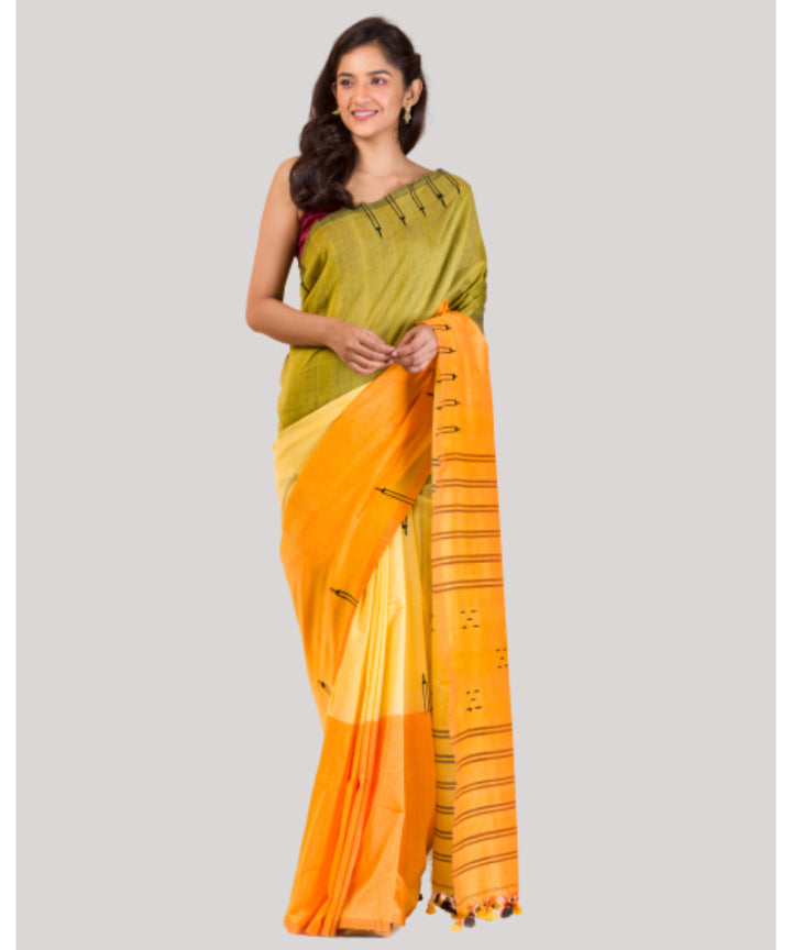 Yellow green handwoven bengal cotton saree