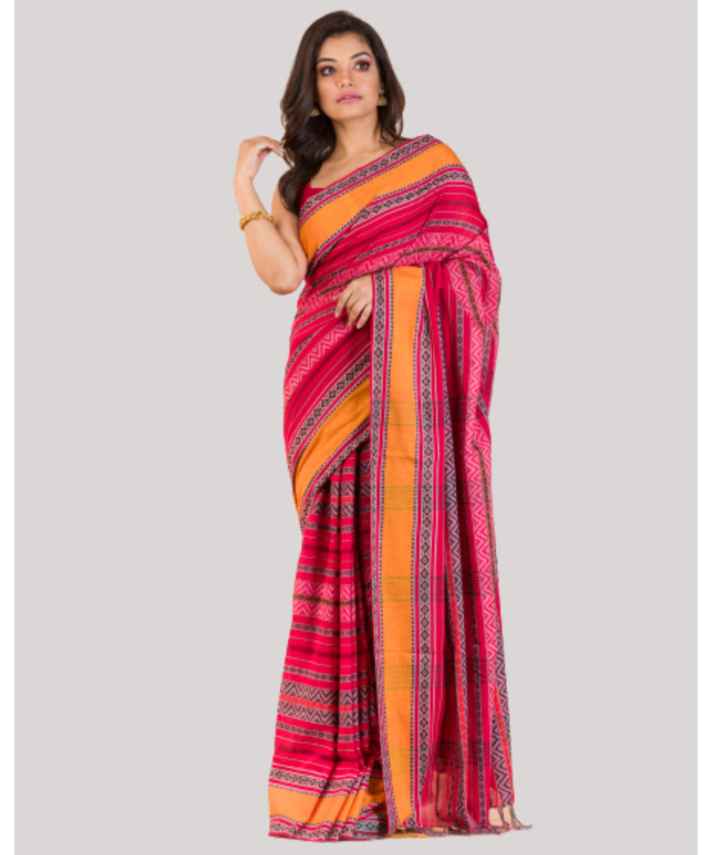 Multicolor pink stripes handwoven bengal cotton saree