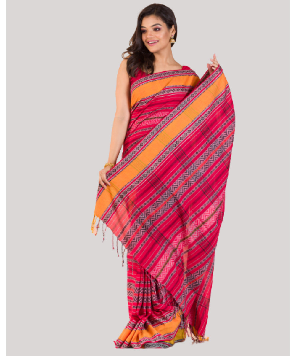 Multicolor pink stripes handwoven bengal cotton saree