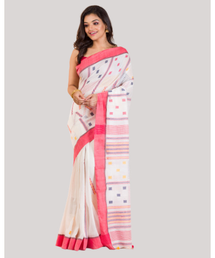 White red handwoven bengal cotton jamdani saree