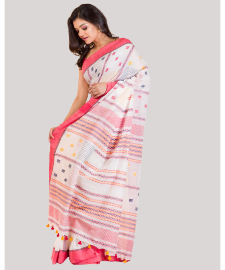 White red handwoven bengal cotton jamdani saree