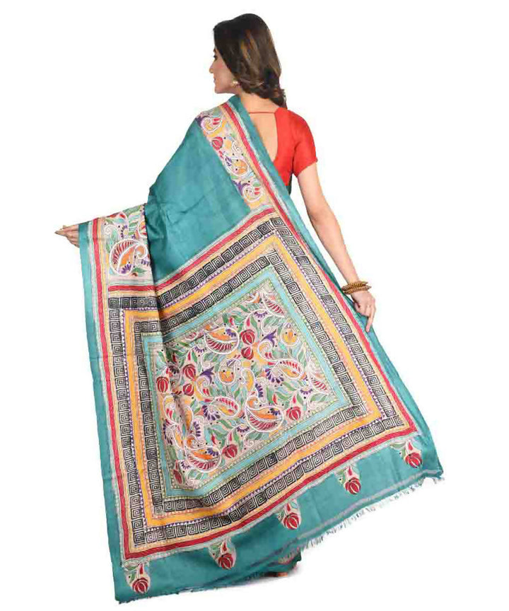 Cyan Green exclusive bengal tasar saree with hand embroidery work