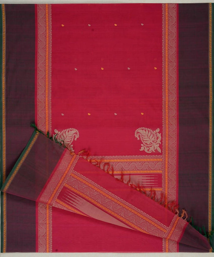 Pink handloom kanchi cotton mubbhagam saree with butties
