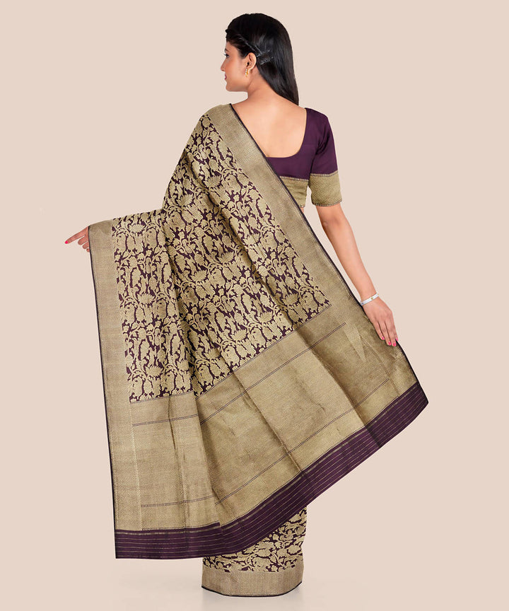 Dark maroon cream handwoven silk banarasi saree