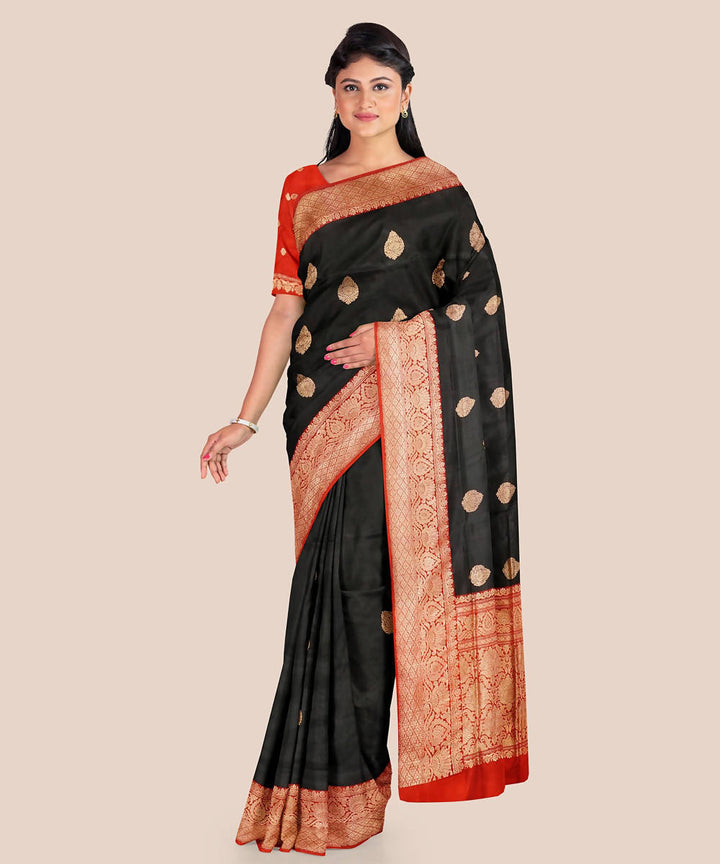 Black and red handloom silk katan banarasi saree