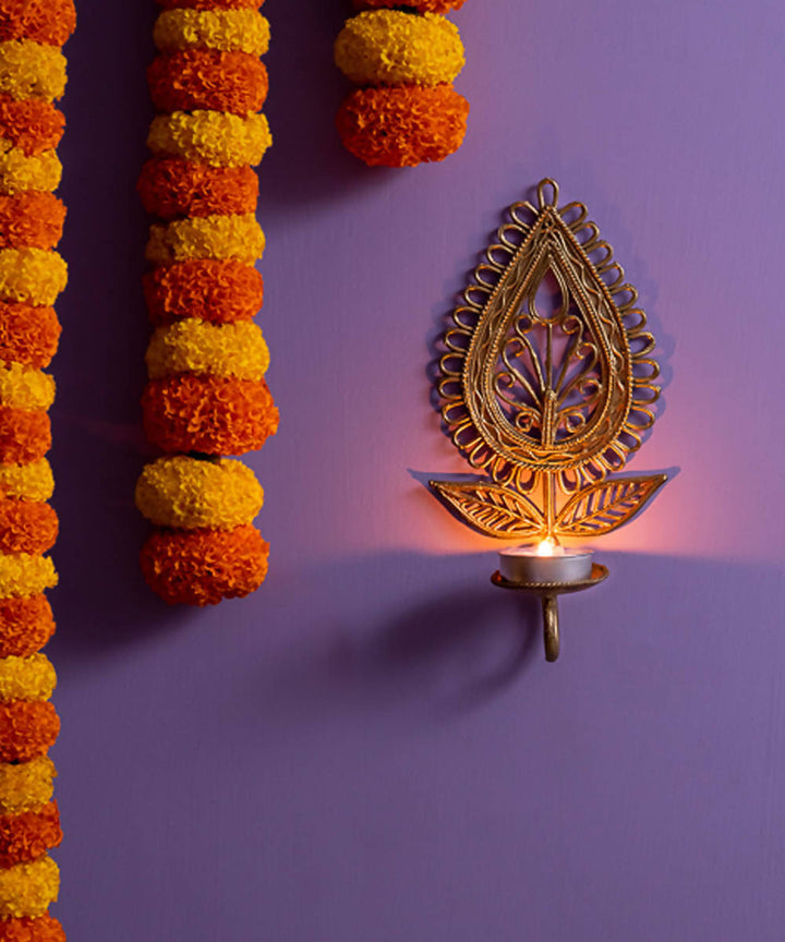Dhokra brass handcrafted bi leaf wall candle stand