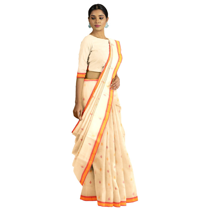 Tantuja light orange handloom cotton jamdani saree