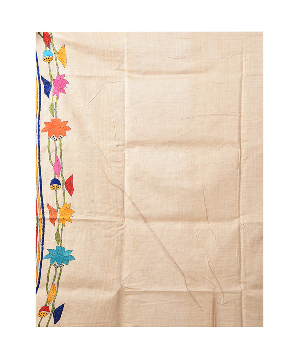 Beige tussar silk bengal hand embroidery kantha stitch saree