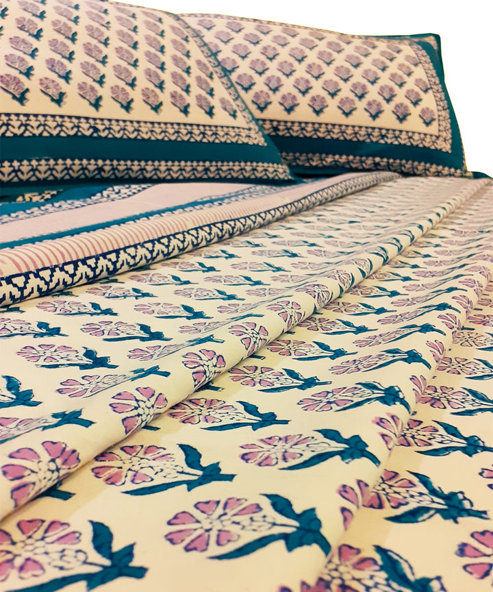 Blue floral hand-block print cotton bed sheet with pillow covers
