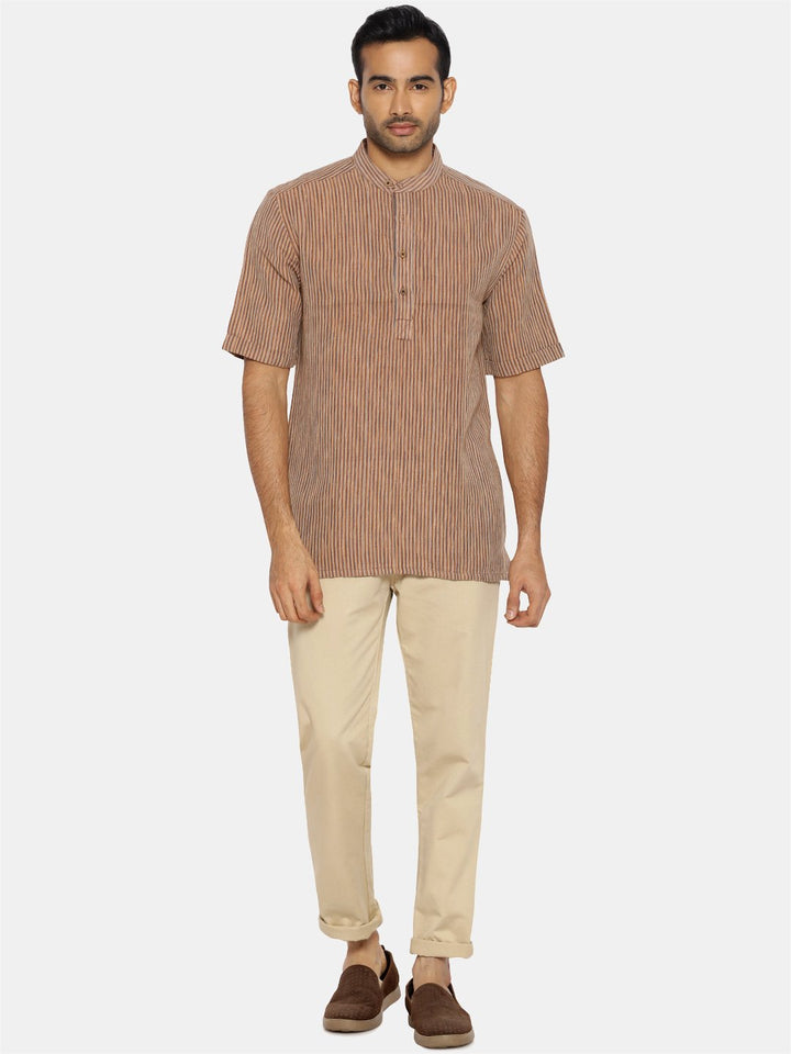 Brown striped mandarin collared short sleeve shirt