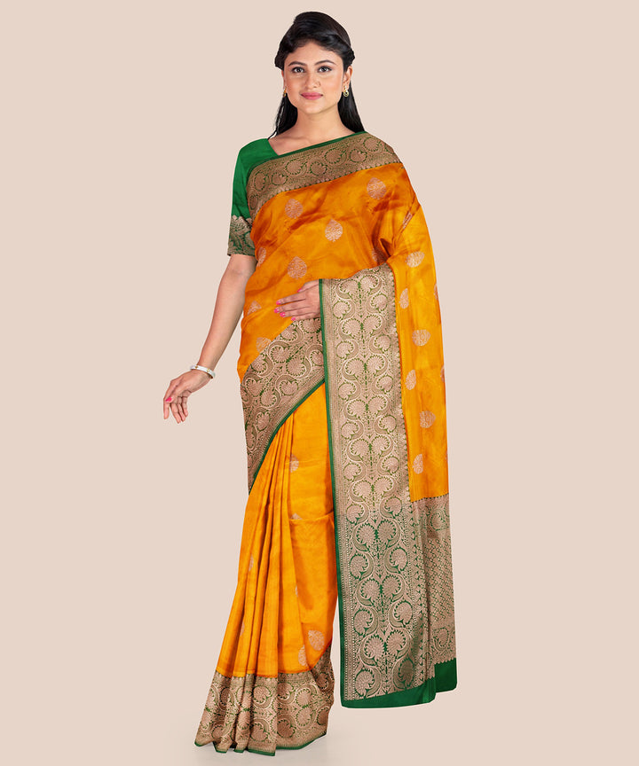 Mustard and bottle green silk handloom banarasi saree