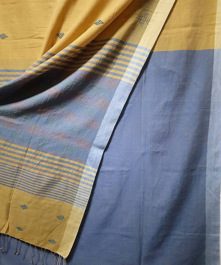 Greenish beige hand embroidery bengal cotton handloom saree