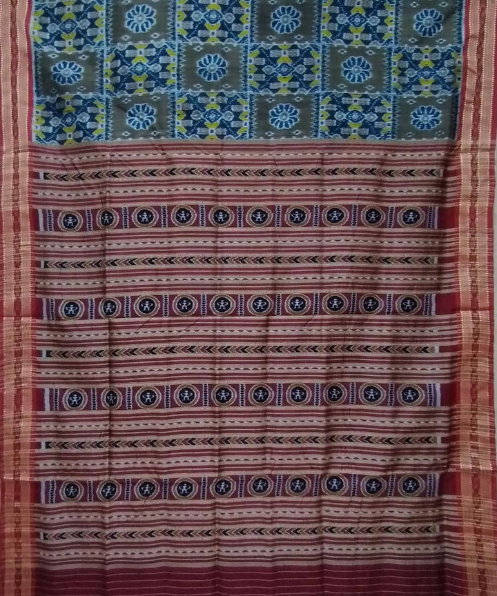 Dark grey red handwoven silk khandua saree