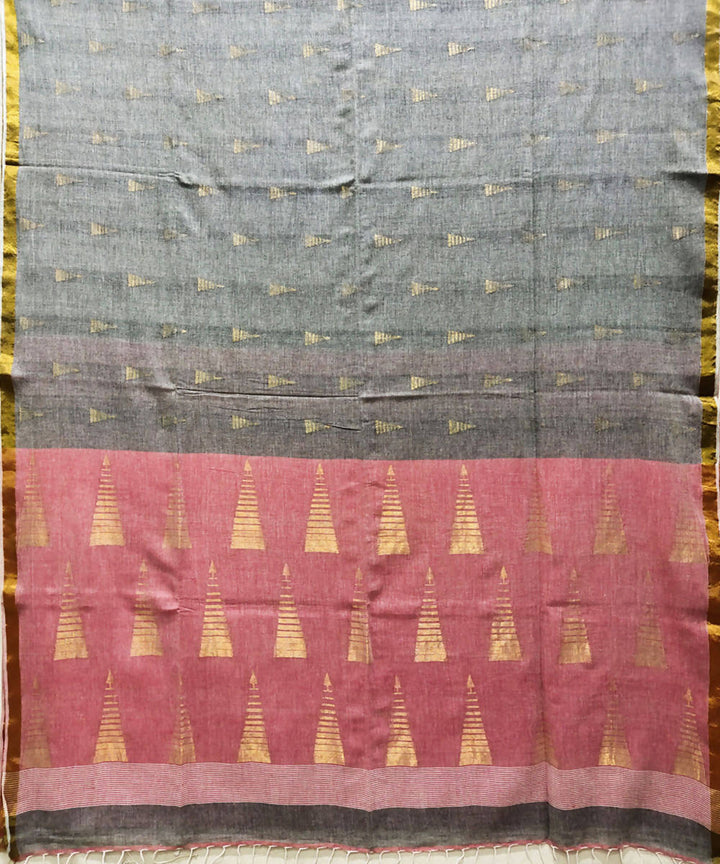 Grey red handloom muslin cotton saree