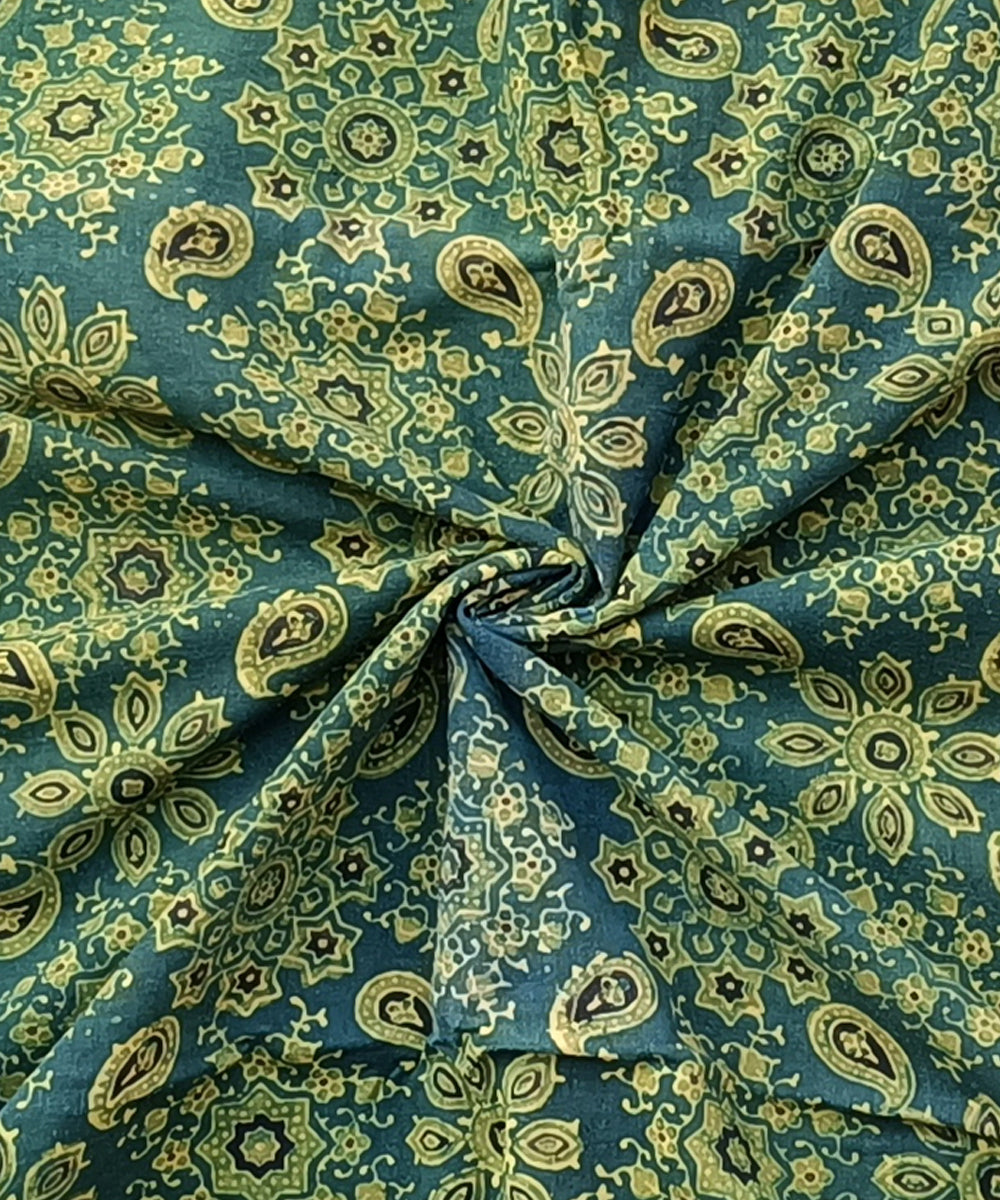 2.5m Green yellow ajrakh print handspun handloom cotton kurta fabric