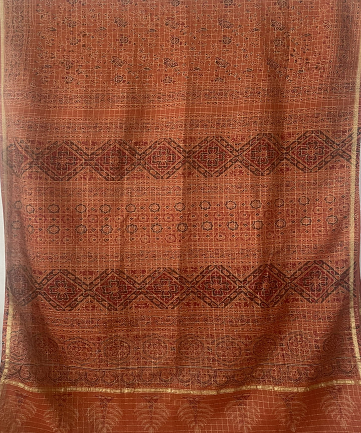 Orange hand block print chanderi cotton silk ajrakh saree