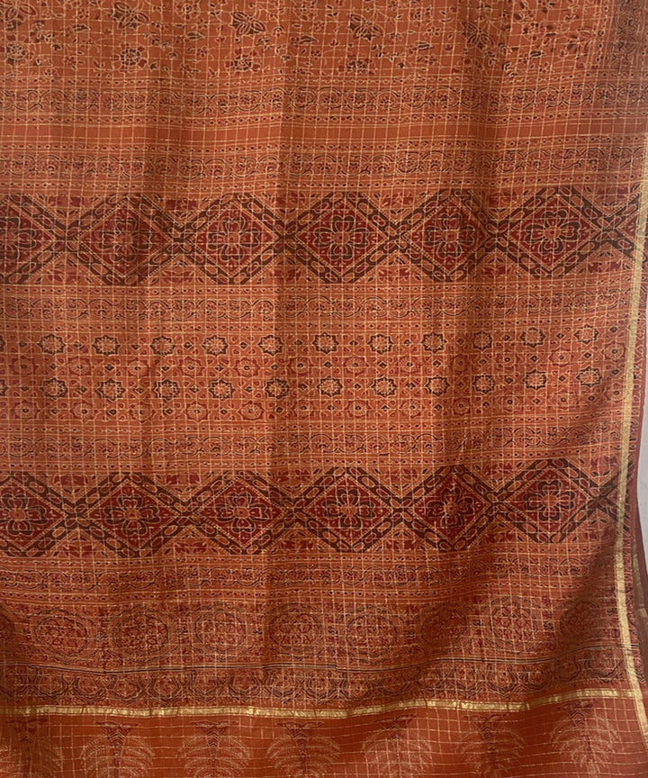 Orange hand block print chanderi cotton silk ajrakh saree