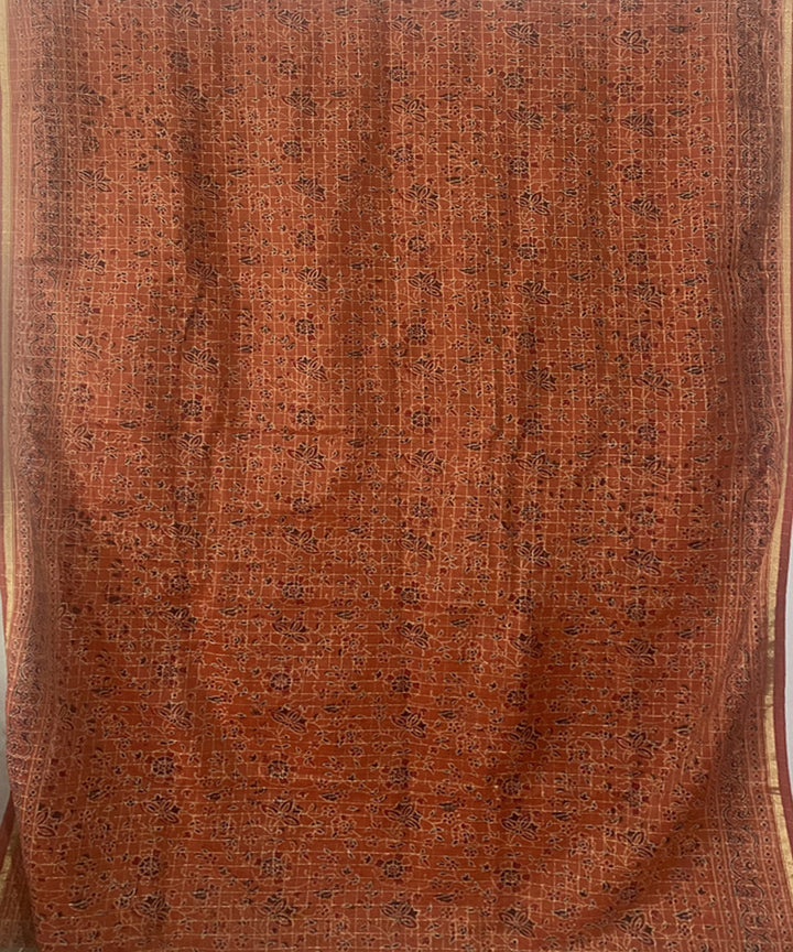 Orange hand block print chanderi cotton silk ajrakh saree