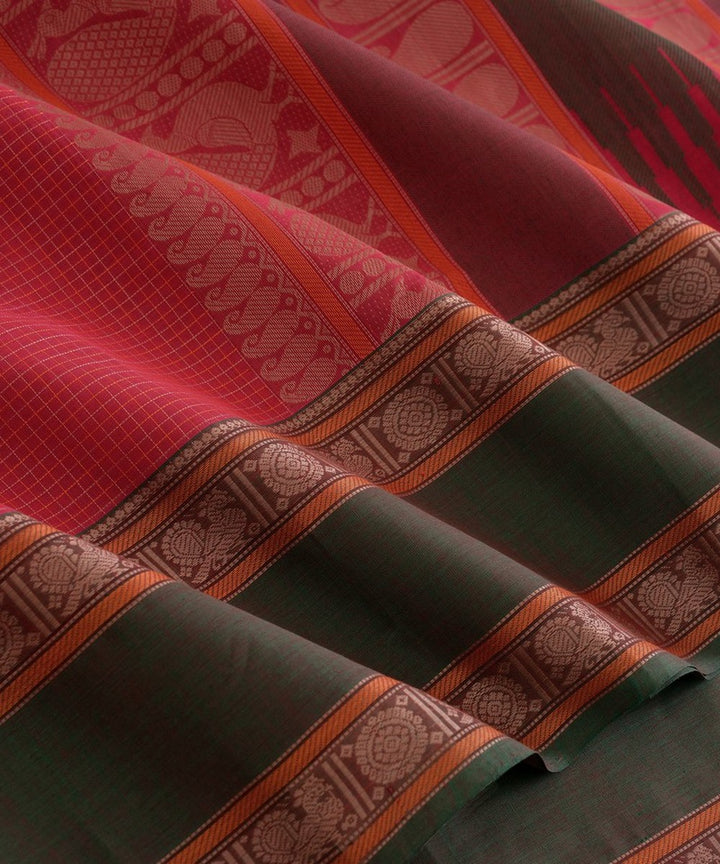 Red checks handwoven kanchi cotton saree