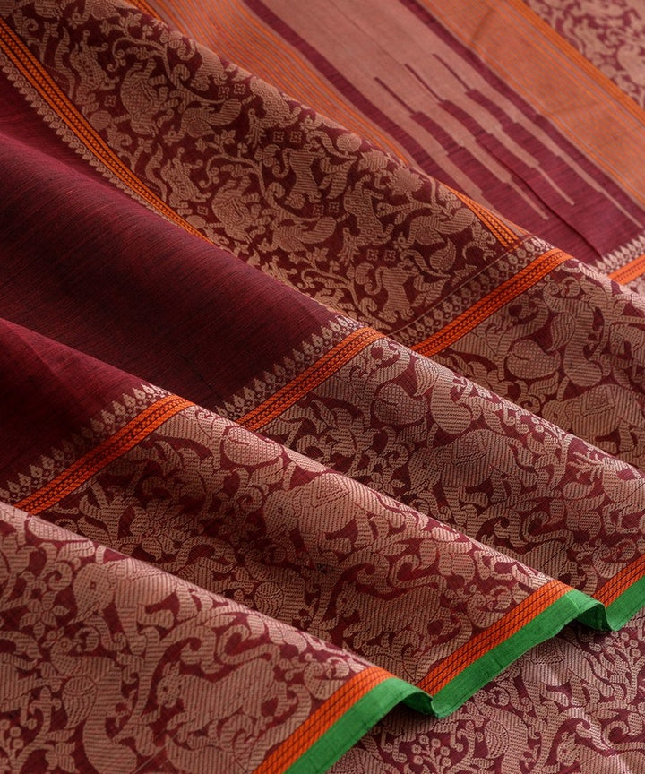 Maroon beige handloom vanasingaram kanchi cotton saree