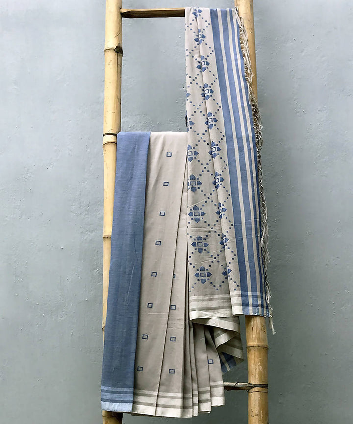 Grey blue handwoven extra weft cotton saree
