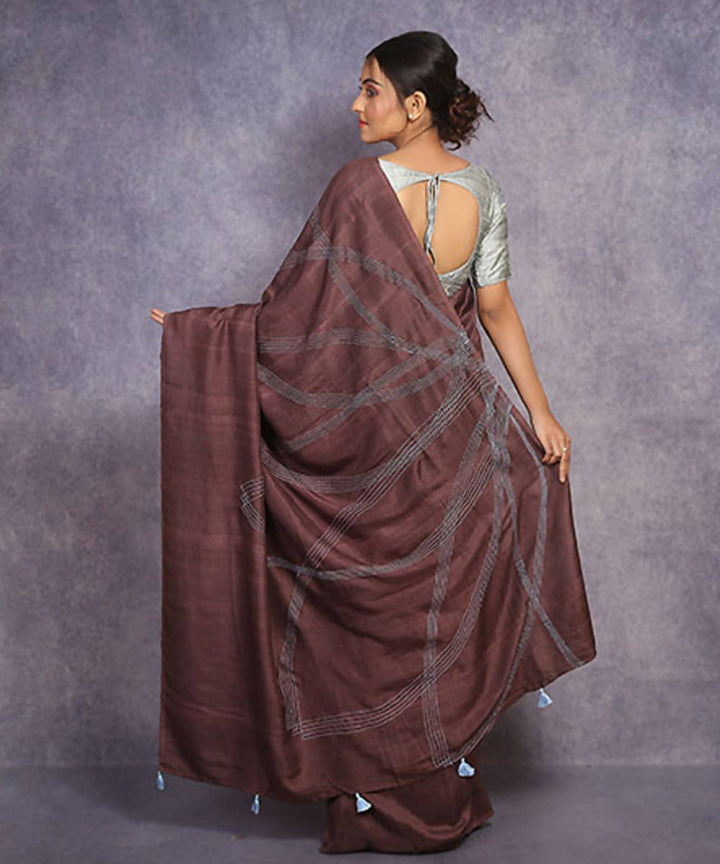 Brown hand embroidery kantha stitch silk saree