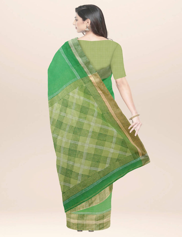 Green handwoven hand block printed cotton saree