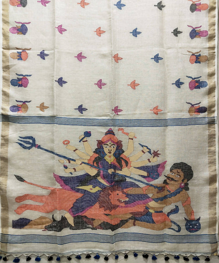Beige handwoven jamdani linen saree