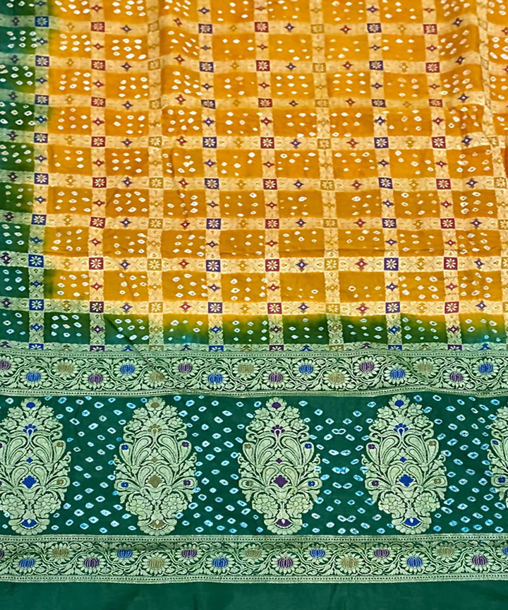 Green orange handcrafted tie dye bandhani silk saree