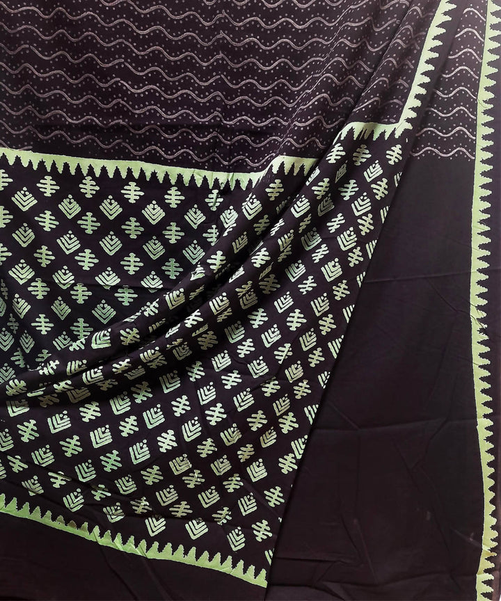 Black light green hand block printed cotton saree