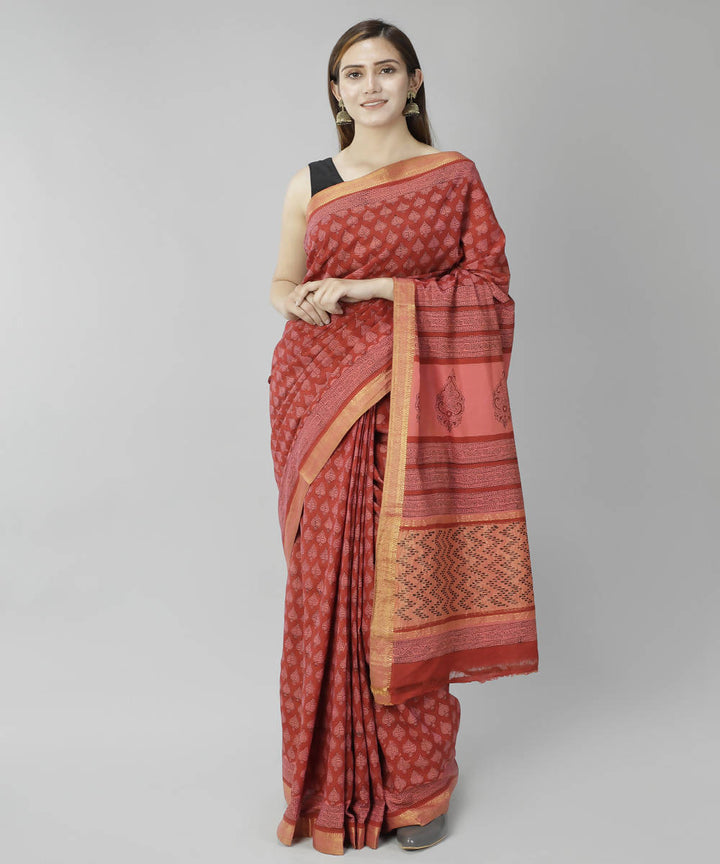Maroon rust bagru handblock printed cotton saree