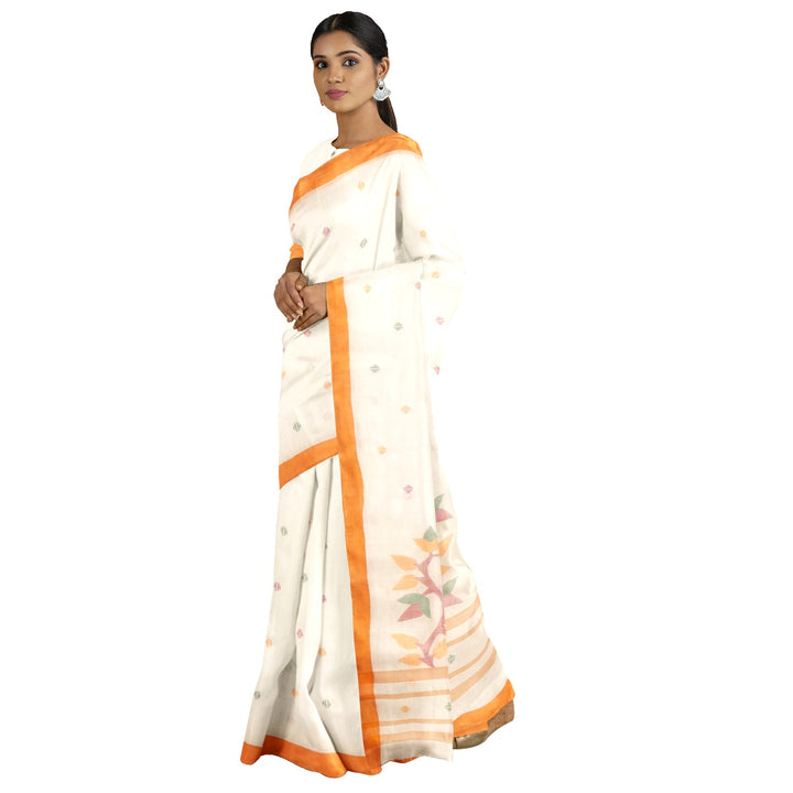 Tantuja beige and orange handloom cotton jamdani saree