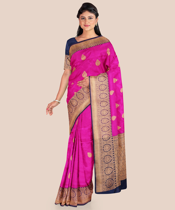 Pink and dark blue silk handloom banarasi saree