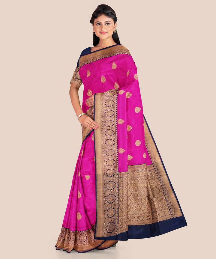 Pink and dark blue silk handloom banarasi saree